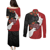 Kiwi New Zealand Personalised Couples Matching Puletasi and Long Sleeve Button Shirt NZ Map Pohutukawa Fern Maori Pattern