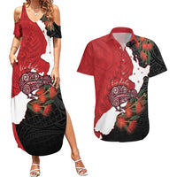 Kiwi New Zealand Personalised Couples Matching Summer Maxi Dress and Hawaiian Shirt NZ Map Pohutukawa Fern Maori Pattern LT22 Red - Polynesian Pride