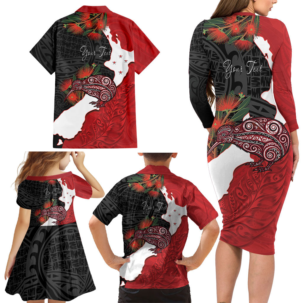 Kiwi New Zealand Personalised Family Matching Long Sleeve Bodycon Dress and Hawaiian Shirt NZ Map Pohutukawa Fern Maori Pattern LT22 - Polynesian Pride