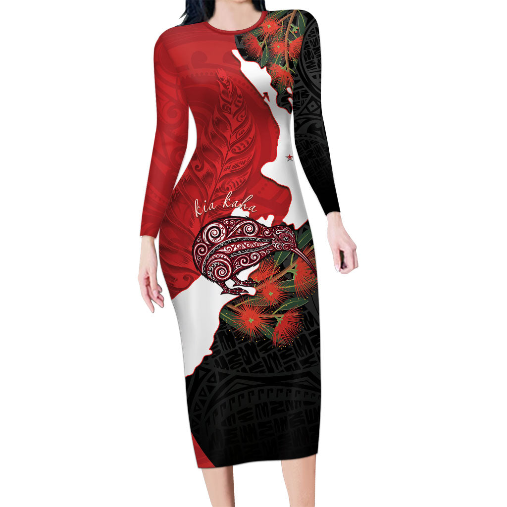 Kiwi New Zealand Personalised Family Matching Long Sleeve Bodycon Dress and Hawaiian Shirt NZ Map Pohutukawa Fern Maori Pattern LT22 Mom's Dress Red - Polynesian Pride