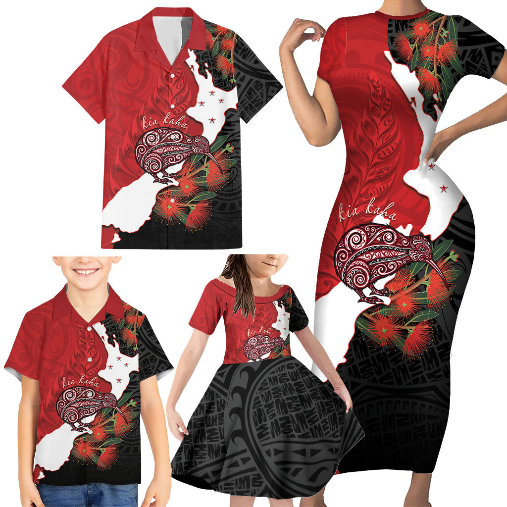 Kiwi New Zealand Personalised Family Matching Short Sleeve Bodycon Dress and Hawaiian Shirt NZ Map Pohutukawa Fern Maori Pattern