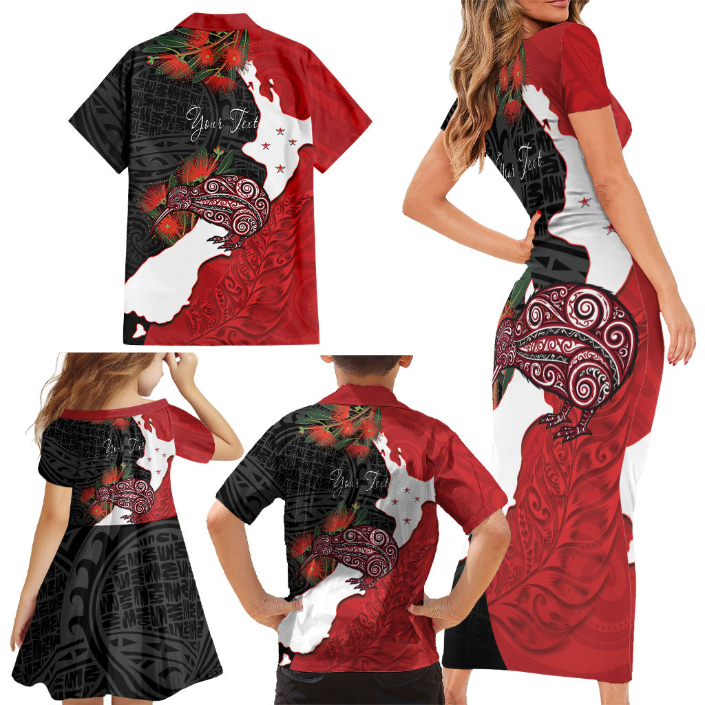 Kiwi New Zealand Personalised Family Matching Short Sleeve Bodycon Dress and Hawaiian Shirt NZ Map Pohutukawa Fern Maori Pattern LT22 - Polynesian Pride