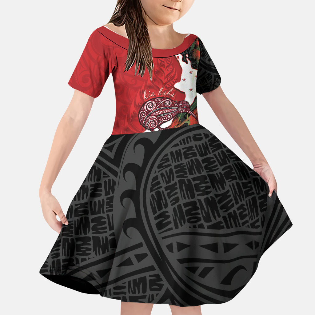 Kiwi New Zealand Personalised Family Matching Tank Maxi Dress and Hawaiian Shirt NZ Map Pohutukawa Fern Maori Pattern LT22 Daughter's Dress Red - Polynesian Pride