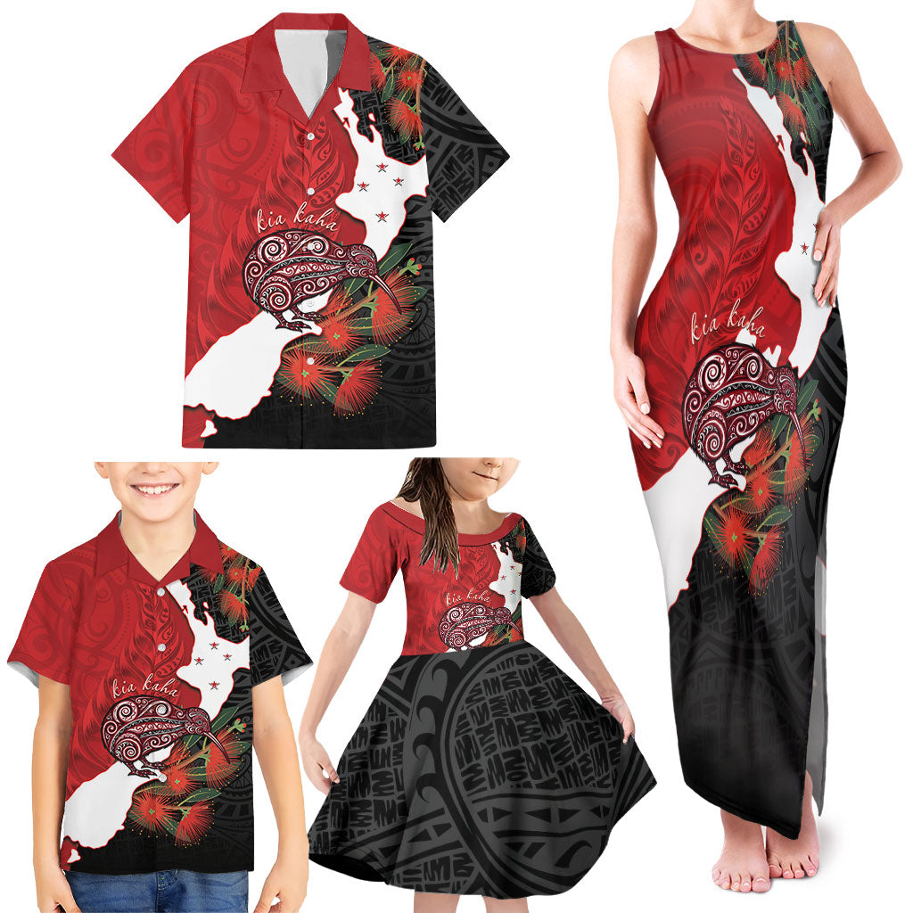 Kiwi New Zealand Personalised Family Matching Tank Maxi Dress and Hawaiian Shirt NZ Map Pohutukawa Fern Maori Pattern LT22 - Polynesian Pride
