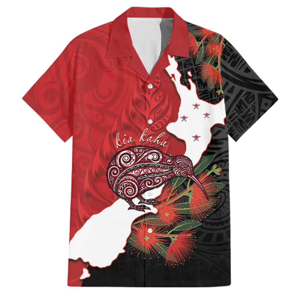 Kiwi New Zealand Personalised Family Matching Tank Maxi Dress and Hawaiian Shirt NZ Map Pohutukawa Fern Maori Pattern LT22 Dad's Shirt - Short Sleeve Red - Polynesian Pride