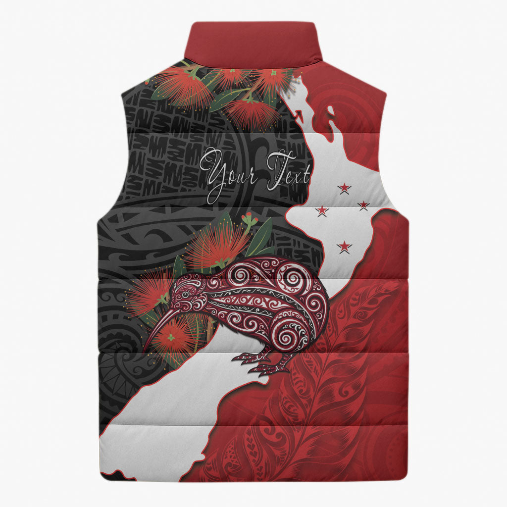Kiwi New Zealand Personalised Sleeveless Puffer Jacket NZ Map Pohutukawa Fern Maori Pattern