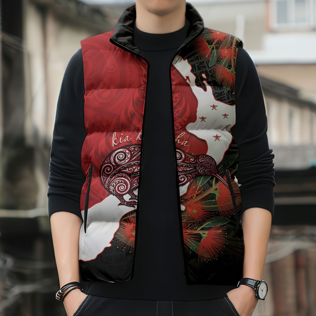 Kiwi New Zealand Personalised Sleeveless Puffer Jacket NZ Map Pohutukawa Fern Maori Pattern