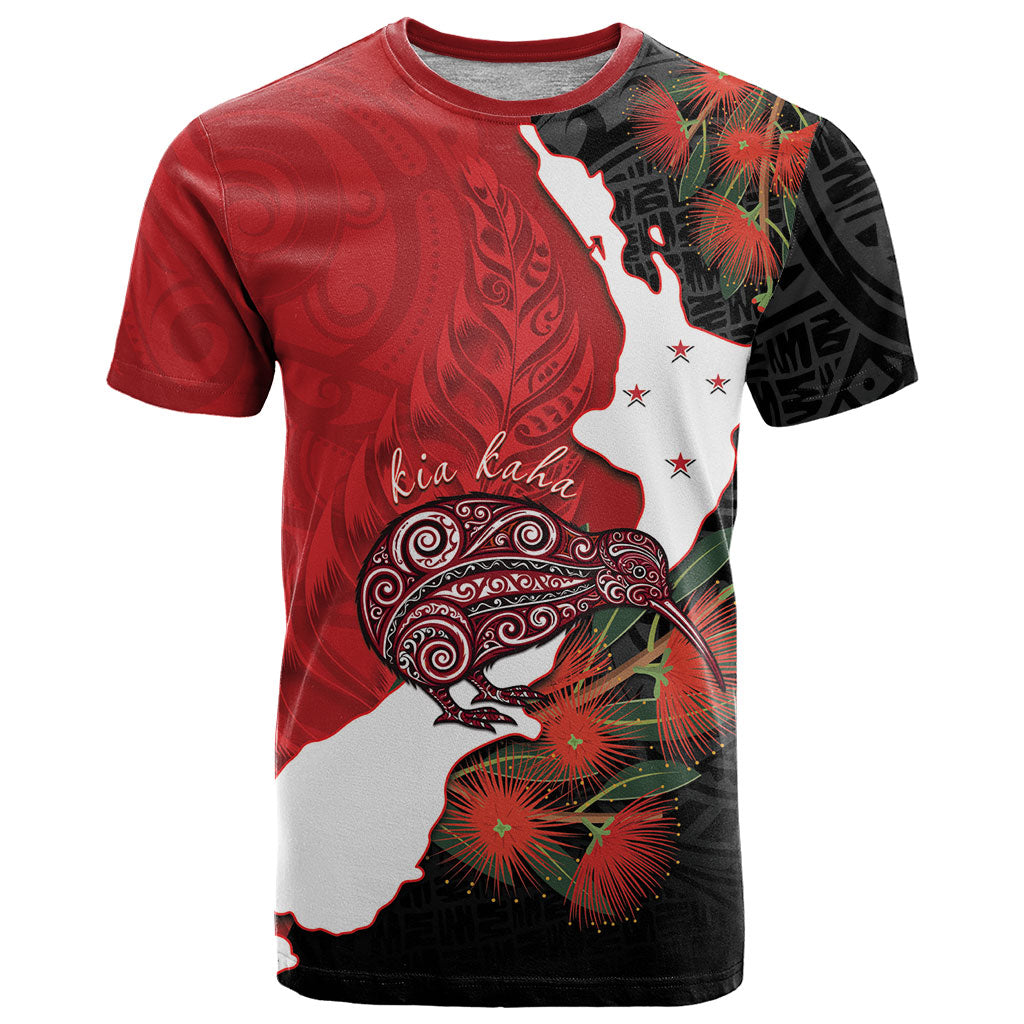Kiwi New Zealand Personalised T Shirt NZ Map Pohutukawa Fern Maori Pattern LT22 Red - Polynesian Pride