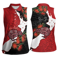 Kiwi New Zealand Personalised Women Sleeveless Polo Shirt NZ Map Pohutukawa Fern Maori Pattern