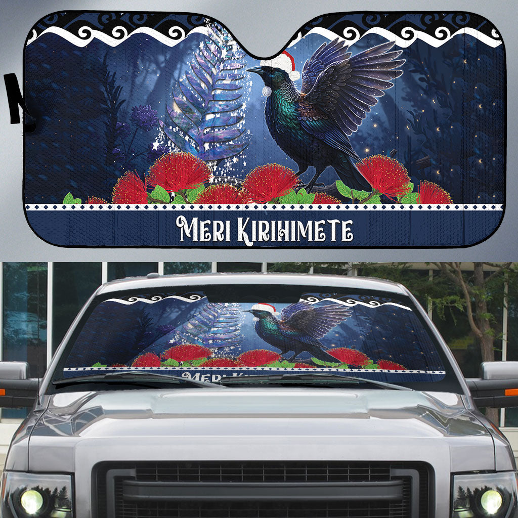 New Zealand Tui Bird Christmas Auto Sun Shade Pohutukawa Xmas Tree Meri Kirihimete
