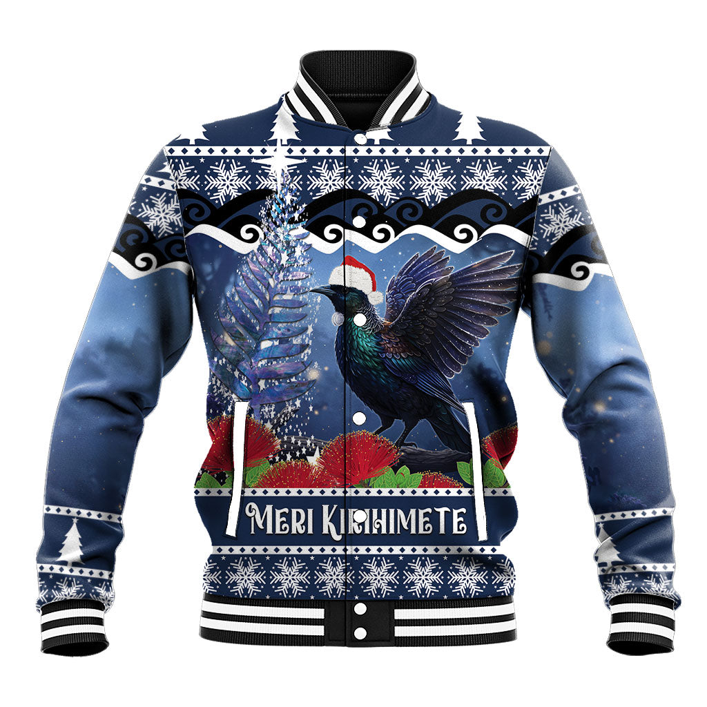 New Zealand Tui Bird Christmas Baseball Jacket Pohutukawa Xmas Tree Meri Kirihimete LT22 Unisex Blue - Polynesian Pride