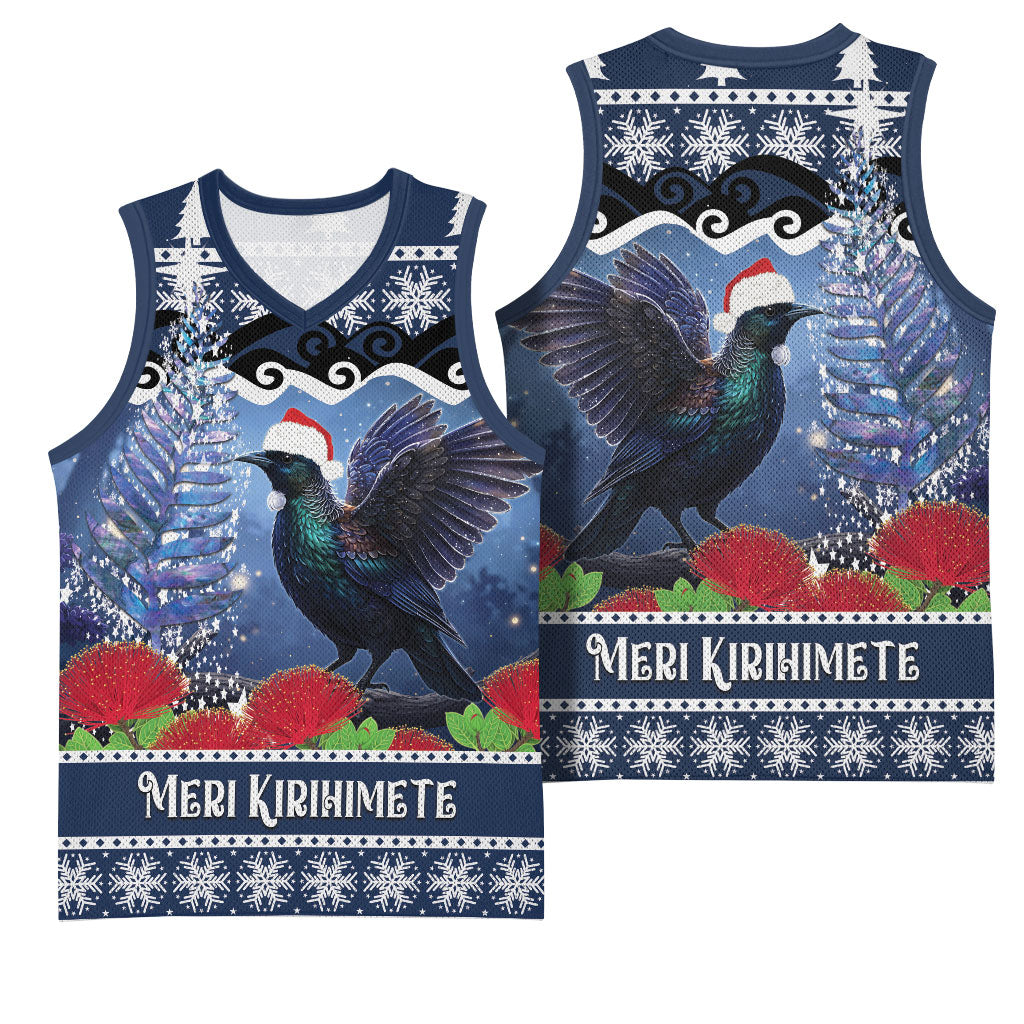 New Zealand Tui Bird Christmas Basketball Jersey Pohutukawa Xmas Tree Meri Kirihimete