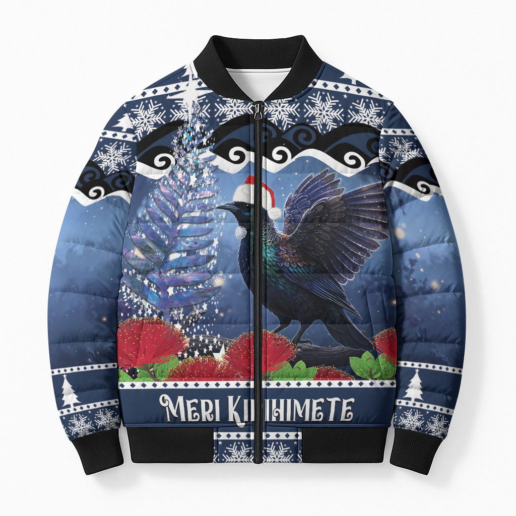 New Zealand Tui Bird Christmas Bomber Puffer Jacket Pohutukawa Xmas Tree Meri Kirihimete LT22 Unisex Blue - Polynesian Pride