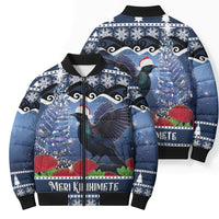 New Zealand Tui Bird Christmas Bomber Puffer Jacket Pohutukawa Xmas Tree Meri Kirihimete