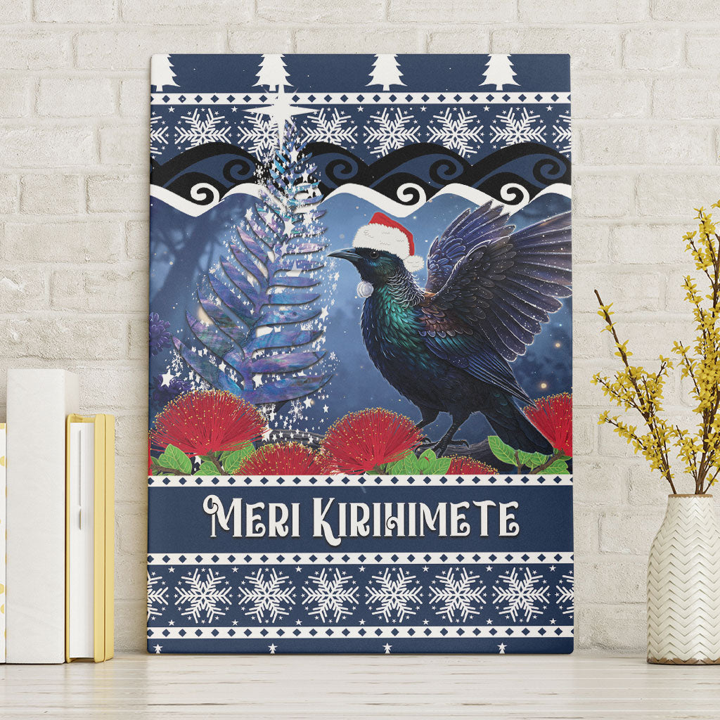 New Zealand Tui Bird Christmas Canvas Wall Art Pohutukawa Xmas Tree Meri Kirihimete LT22 Without Frame Blue - Polynesian Pride