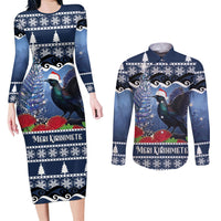 New Zealand Tui Bird Christmas Couples Matching Long Sleeve Bodycon Dress and Long Sleeve Button Shirt Pohutukawa Xmas Tree Meri Kirihimete LT22 Blue - Polynesian Pride
