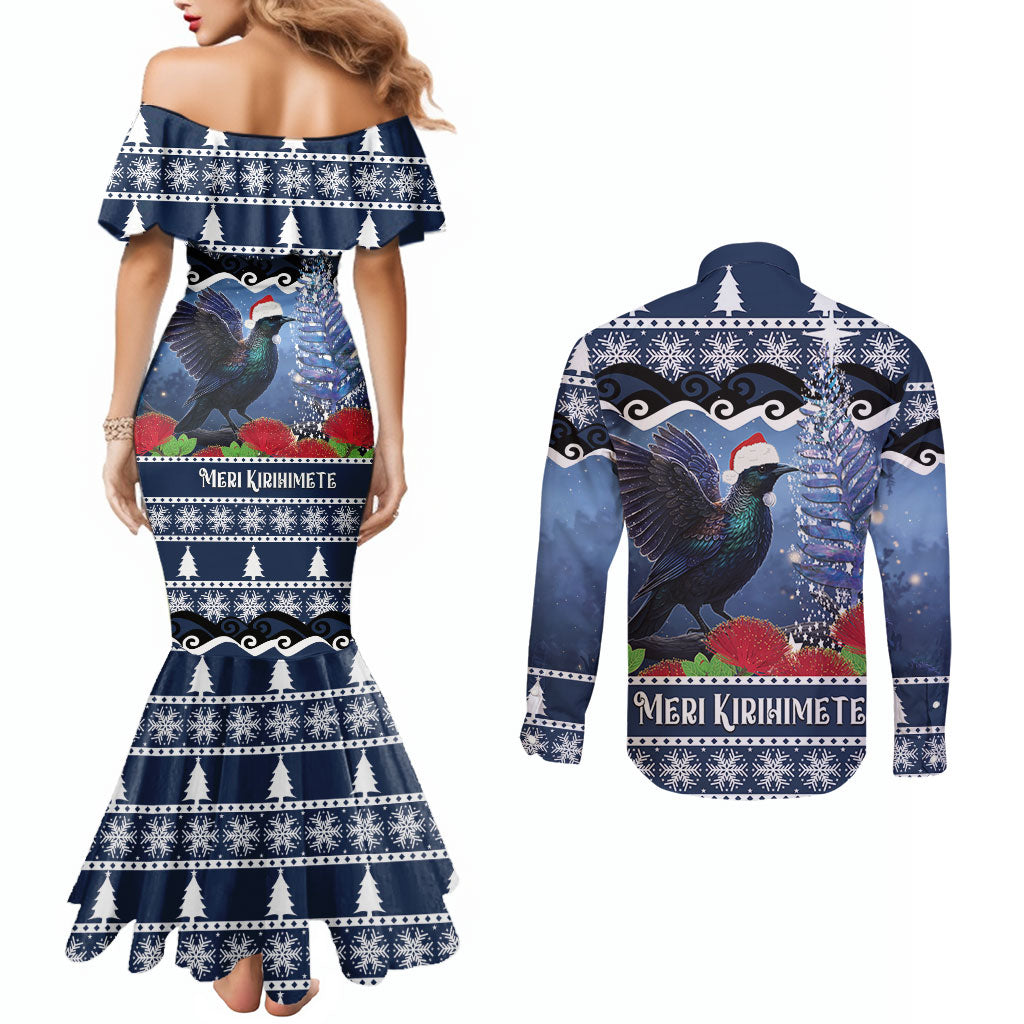 New Zealand Tui Bird Christmas Couples Matching Mermaid Dress and Long Sleeve Button Shirt Pohutukawa Xmas Tree Meri Kirihimete LT22 - Polynesian Pride