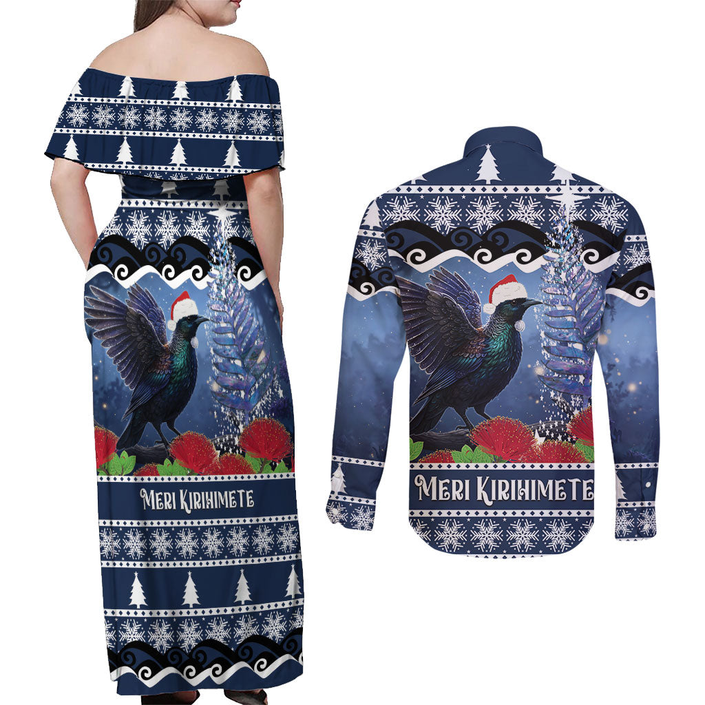 New Zealand Tui Bird Christmas Couples Matching Off Shoulder Maxi Dress and Long Sleeve Button Shirt Pohutukawa Xmas Tree Meri Kirihimete LT22 - Polynesian Pride