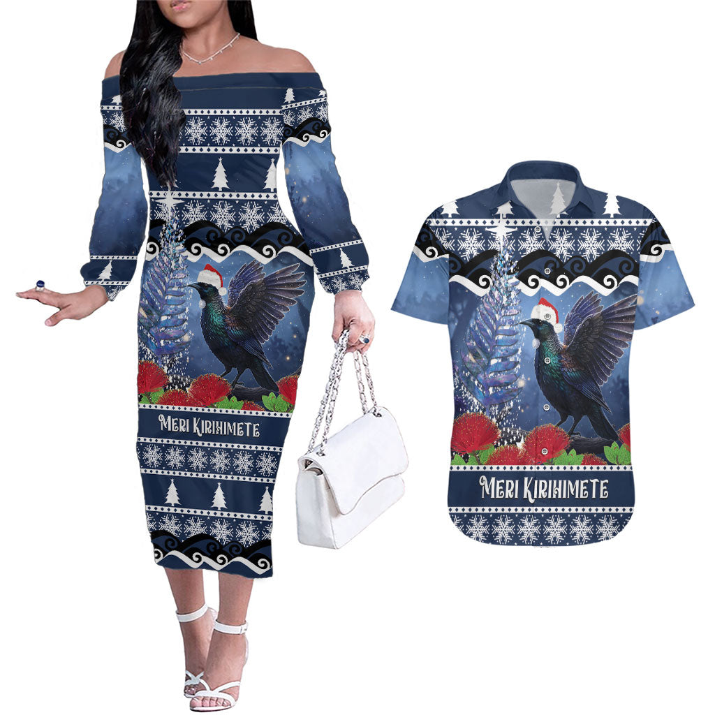 New Zealand Tui Bird Christmas Couples Matching Off The Shoulder Long Sleeve Dress and Hawaiian Shirt Pohutukawa Xmas Tree Meri Kirihimete LT22 Blue - Polynesian Pride