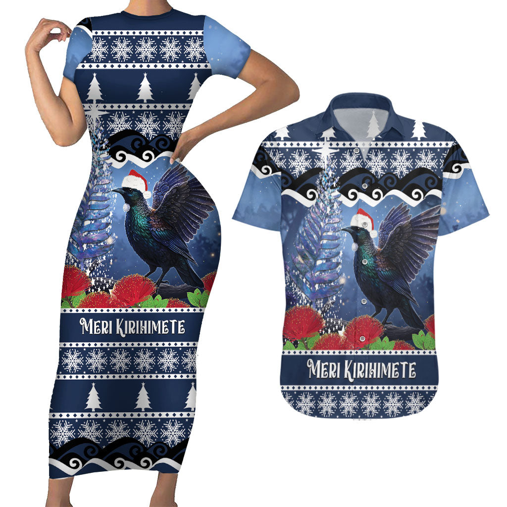 New Zealand Tui Bird Christmas Couples Matching Short Sleeve Bodycon Dress and Hawaiian Shirt Pohutukawa Xmas Tree Meri Kirihimete