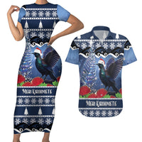 New Zealand Tui Bird Christmas Couples Matching Short Sleeve Bodycon Dress and Hawaiian Shirt Pohutukawa Xmas Tree Meri Kirihimete LT22 Blue - Polynesian Pride