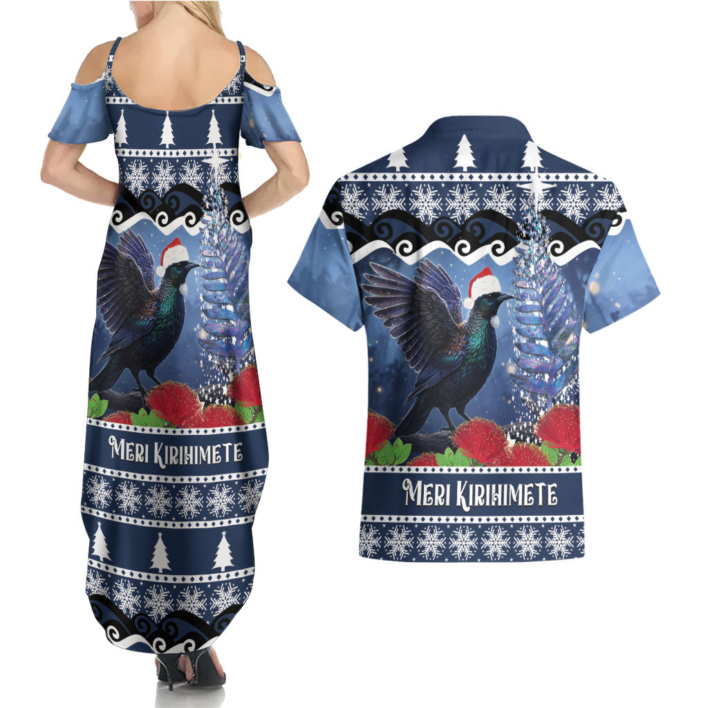 New Zealand Tui Bird Christmas Couples Matching Summer Maxi Dress and Hawaiian Shirt Pohutukawa Xmas Tree Meri Kirihimete LT22 - Polynesian Pride