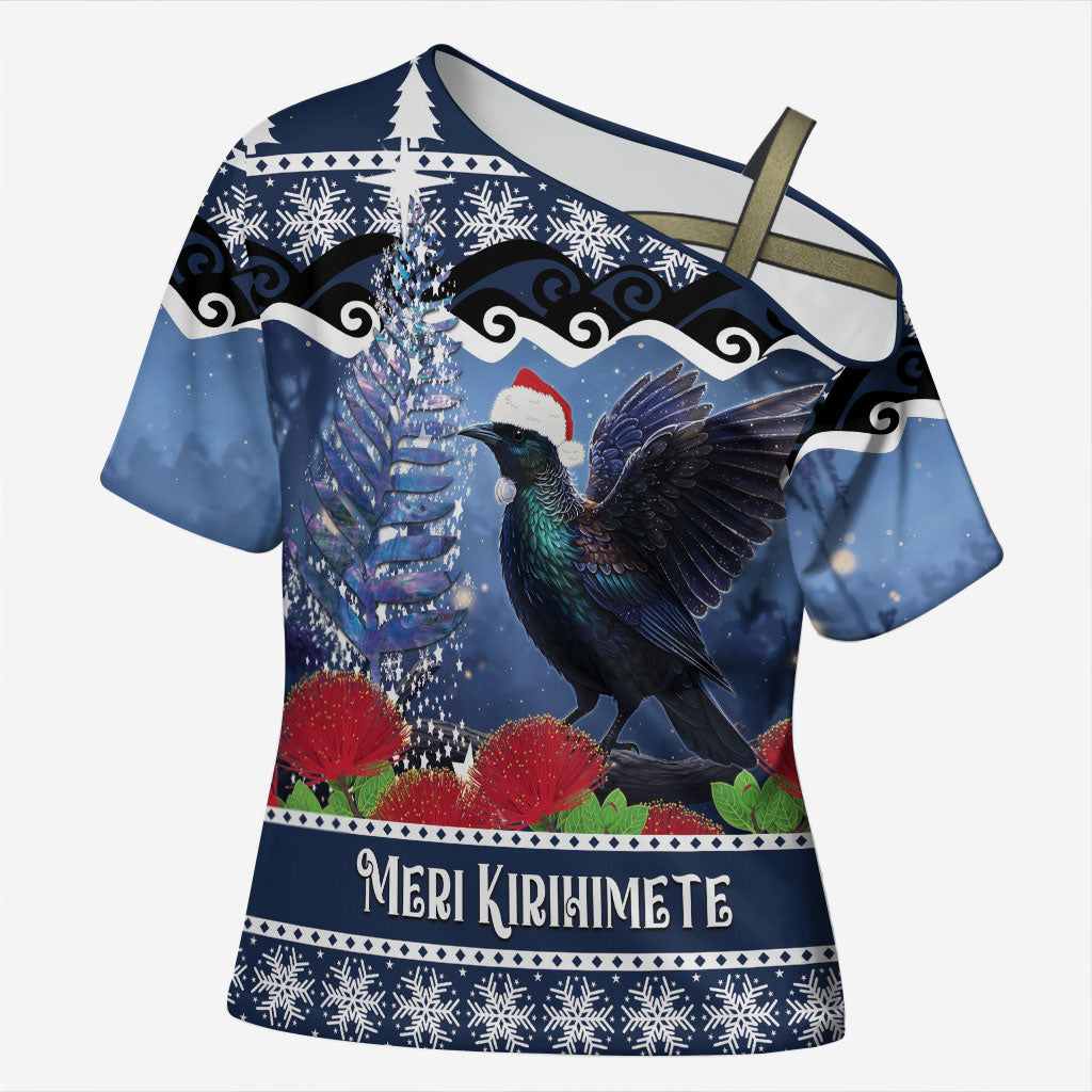 New Zealand Tui Bird Christmas Cross Shoulder Shirt Pohutukawa Xmas Tree Meri Kirihimete
