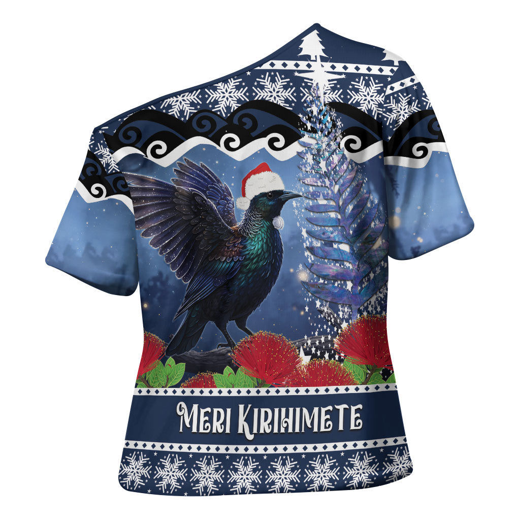 New Zealand Tui Bird Christmas Cross Shoulder Shirt Pohutukawa Xmas Tree Meri Kirihimete