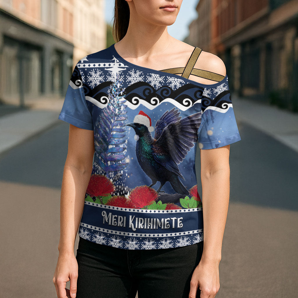 New Zealand Tui Bird Christmas Cross Shoulder Shirt Pohutukawa Xmas Tree Meri Kirihimete