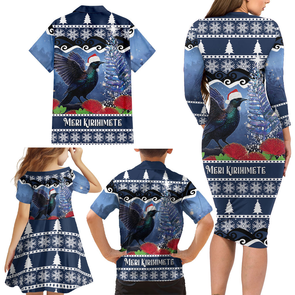 New Zealand Tui Bird Christmas Family Matching Long Sleeve Bodycon Dress and Hawaiian Shirt Pohutukawa Xmas Tree Meri Kirihimete LT22 - Polynesian Pride
