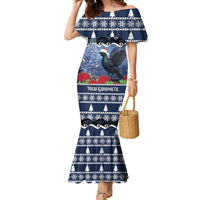 New Zealand Tui Bird Christmas Family Matching Mermaid Dress and Hawaiian Shirt Pohutukawa Xmas Tree Meri Kirihimete LT22 Mom's Dress Blue - Polynesian Pride