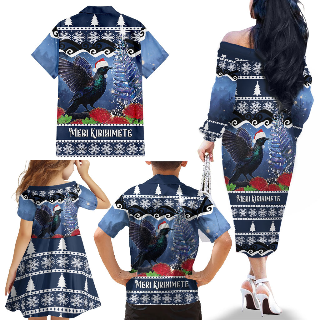New Zealand Tui Bird Christmas Family Matching Off The Shoulder Long Sleeve Dress and Hawaiian Shirt Pohutukawa Xmas Tree Meri Kirihimete LT22 - Polynesian Pride