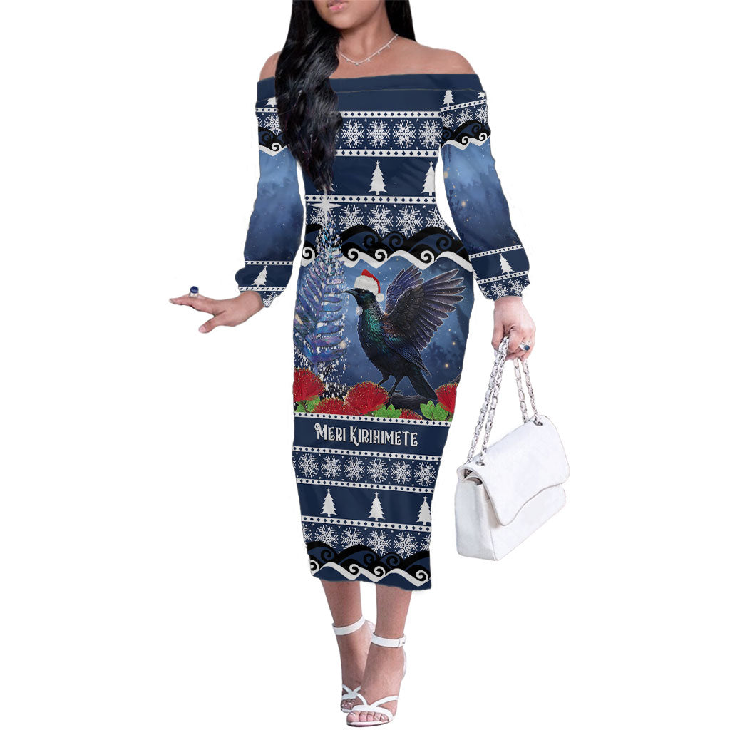 New Zealand Tui Bird Christmas Family Matching Off The Shoulder Long Sleeve Dress and Hawaiian Shirt Pohutukawa Xmas Tree Meri Kirihimete LT22 Mom's Dress Blue - Polynesian Pride