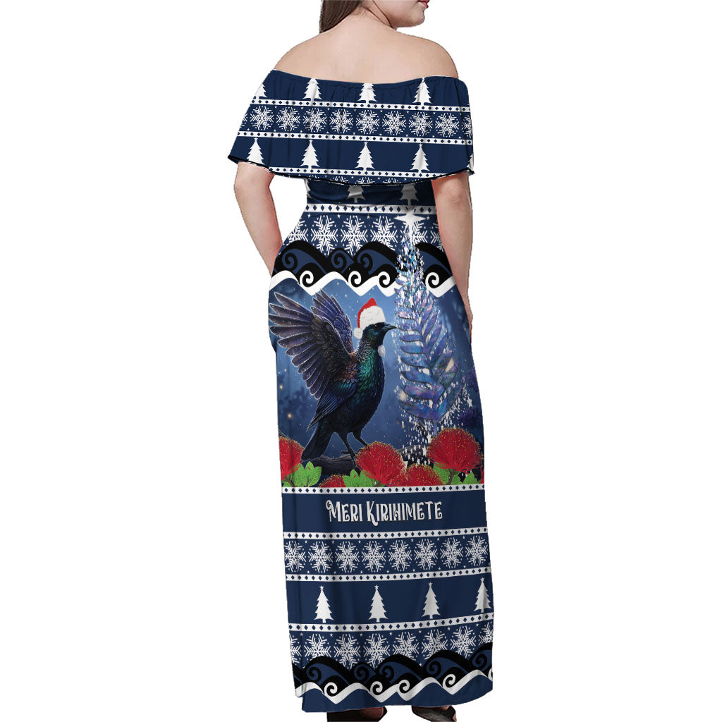 New Zealand Tui Bird Christmas Family Matching Off Shoulder Maxi Dress and Hawaiian Shirt Pohutukawa Xmas Tree Meri Kirihimete LT22 - Polynesian Pride