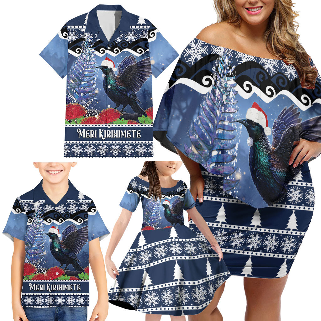 New Zealand Tui Bird Christmas Family Matching Off Shoulder Short Dress and Hawaiian Shirt Pohutukawa Xmas Tree Meri Kirihimete LT22 - Polynesian Pride