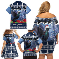 New Zealand Tui Bird Christmas Family Matching Off Shoulder Short Dress and Hawaiian Shirt Pohutukawa Xmas Tree Meri Kirihimete LT22 - Polynesian Pride