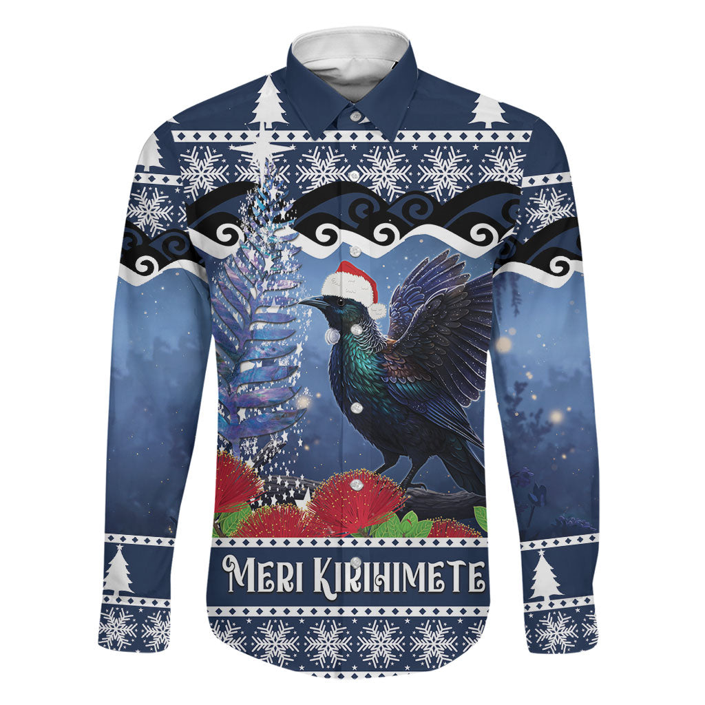 New Zealand Tui Bird Christmas Family Matching Puletasi and Hawaiian Shirt Pohutukawa Xmas Tree Meri Kirihimete LT22 Dad's Shirt - Long Sleeve Blue - Polynesian Pride