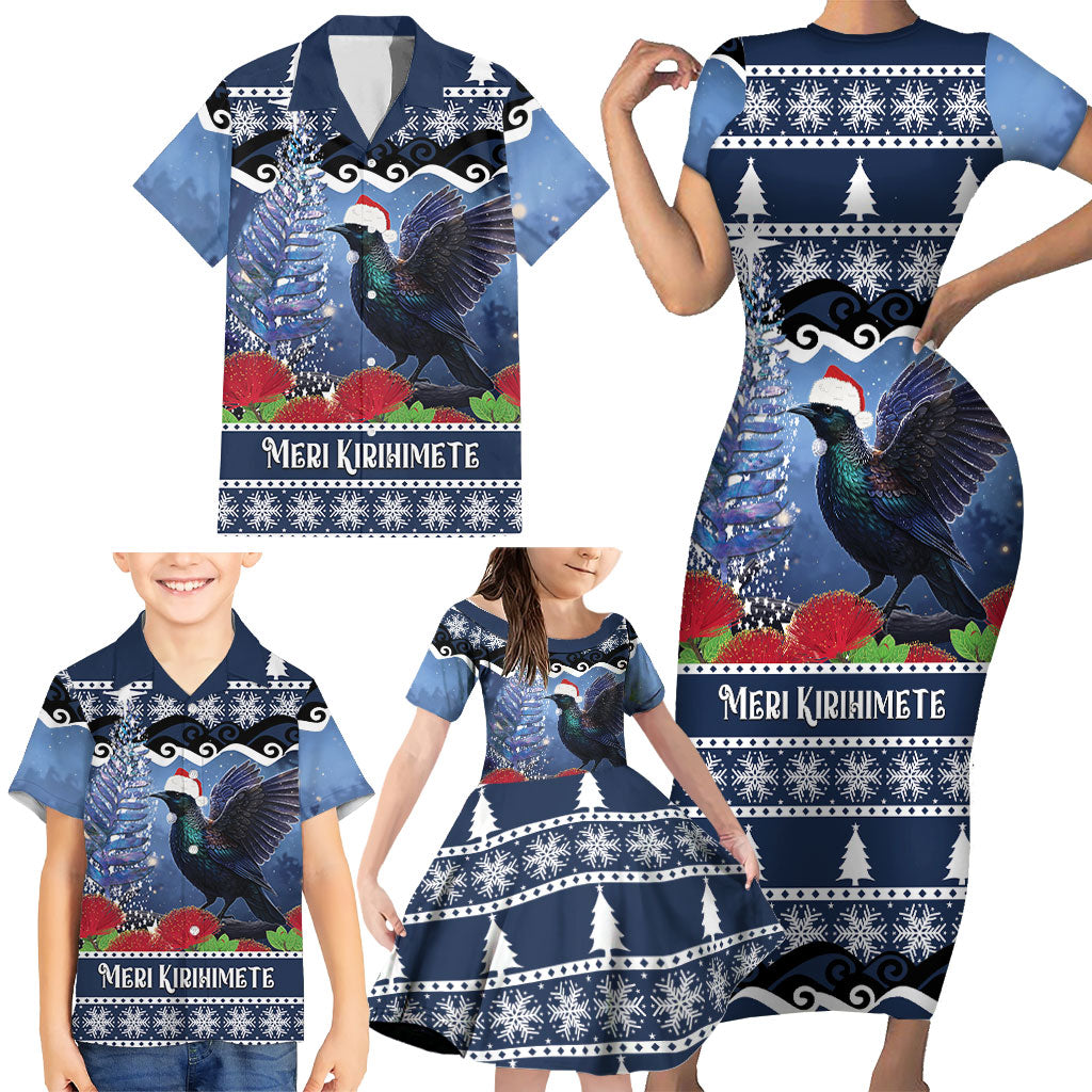 New Zealand Tui Bird Christmas Family Matching Short Sleeve Bodycon Dress and Hawaiian Shirt Pohutukawa Xmas Tree Meri Kirihimete LT22 - Polynesian Pride