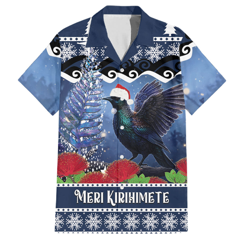 New Zealand Tui Bird Christmas Family Matching Short Sleeve Bodycon Dress and Hawaiian Shirt Pohutukawa Xmas Tree Meri Kirihimete LT22 Dad's Shirt - Short Sleeve Blue - Polynesian Pride