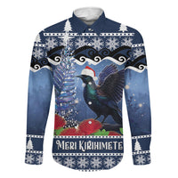 New Zealand Tui Bird Christmas Family Matching Short Sleeve Bodycon Dress and Hawaiian Shirt Pohutukawa Xmas Tree Meri Kirihimete LT22 Dad's Shirt - Long Sleeve Blue - Polynesian Pride