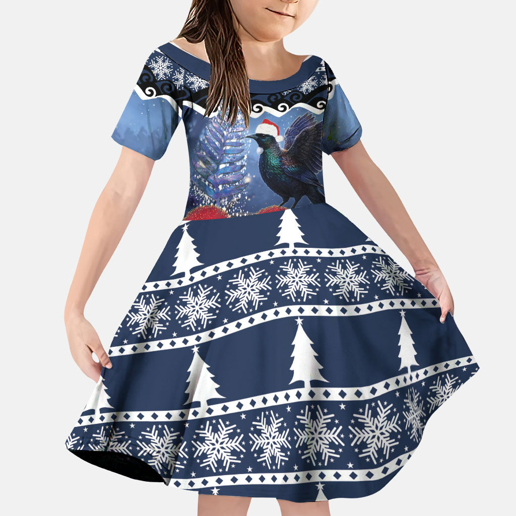 New Zealand Tui Bird Christmas Family Matching Summer Maxi Dress and Hawaiian Shirt Pohutukawa Xmas Tree Meri Kirihimete LT22 Daughter's Dress Blue - Polynesian Pride
