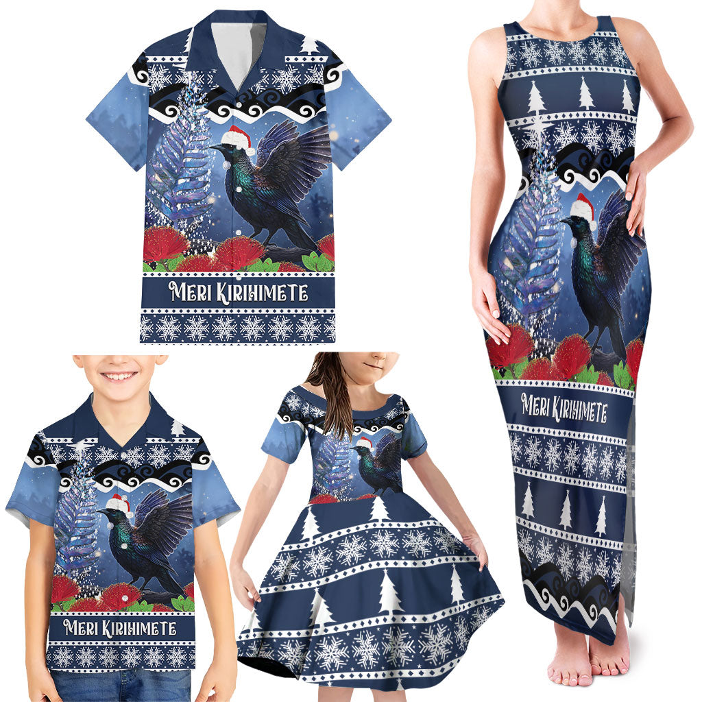 New Zealand Tui Bird Christmas Family Matching Tank Maxi Dress and Hawaiian Shirt Pohutukawa Xmas Tree Meri Kirihimete