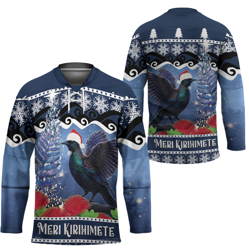 New Zealand Tui Bird Christmas Hockey Jersey Pohutukawa Xmas Tree Meri Kirihimete