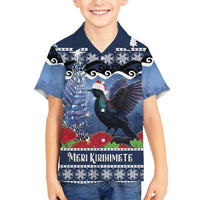 New Zealand Tui Bird Christmas Kid Hawaiian Shirt Pohutukawa Xmas Tree Meri Kirihimete