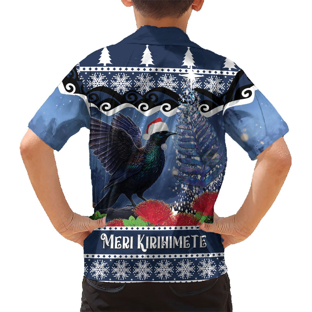 New Zealand Tui Bird Christmas Kid Hawaiian Shirt Pohutukawa Xmas Tree Meri Kirihimete