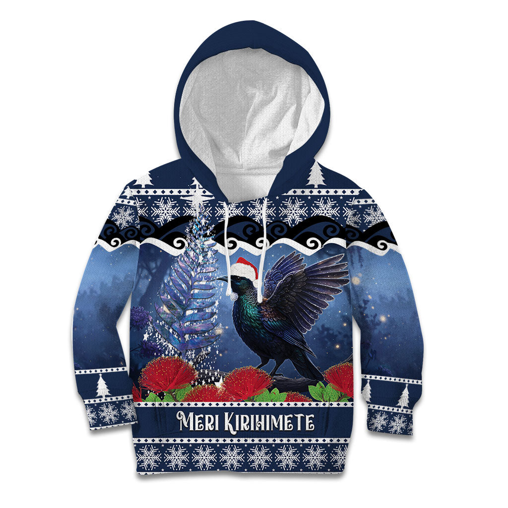 New Zealand Tui Bird Christmas Kid Hoodie Pohutukawa Xmas Tree Meri Kirihimete