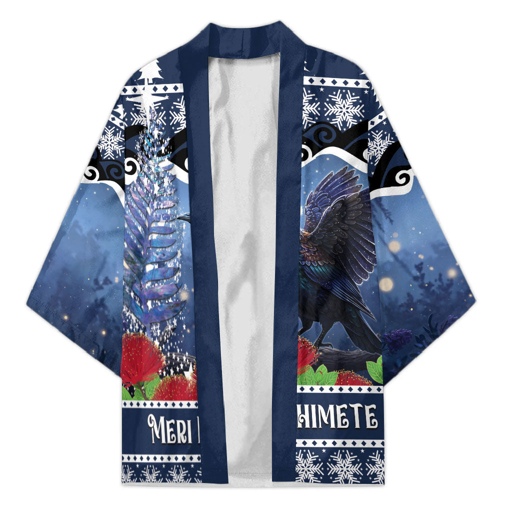 New Zealand Tui Bird Christmas Kimono Pohutukawa Xmas Tree Meri Kirihimete LT22 Unisex Blue - Polynesian Pride