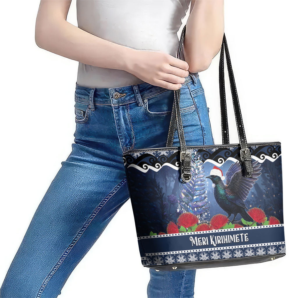 New Zealand Tui Bird Christmas Leather Tote Bag Pohutukawa Xmas Tree Meri Kirihimete
