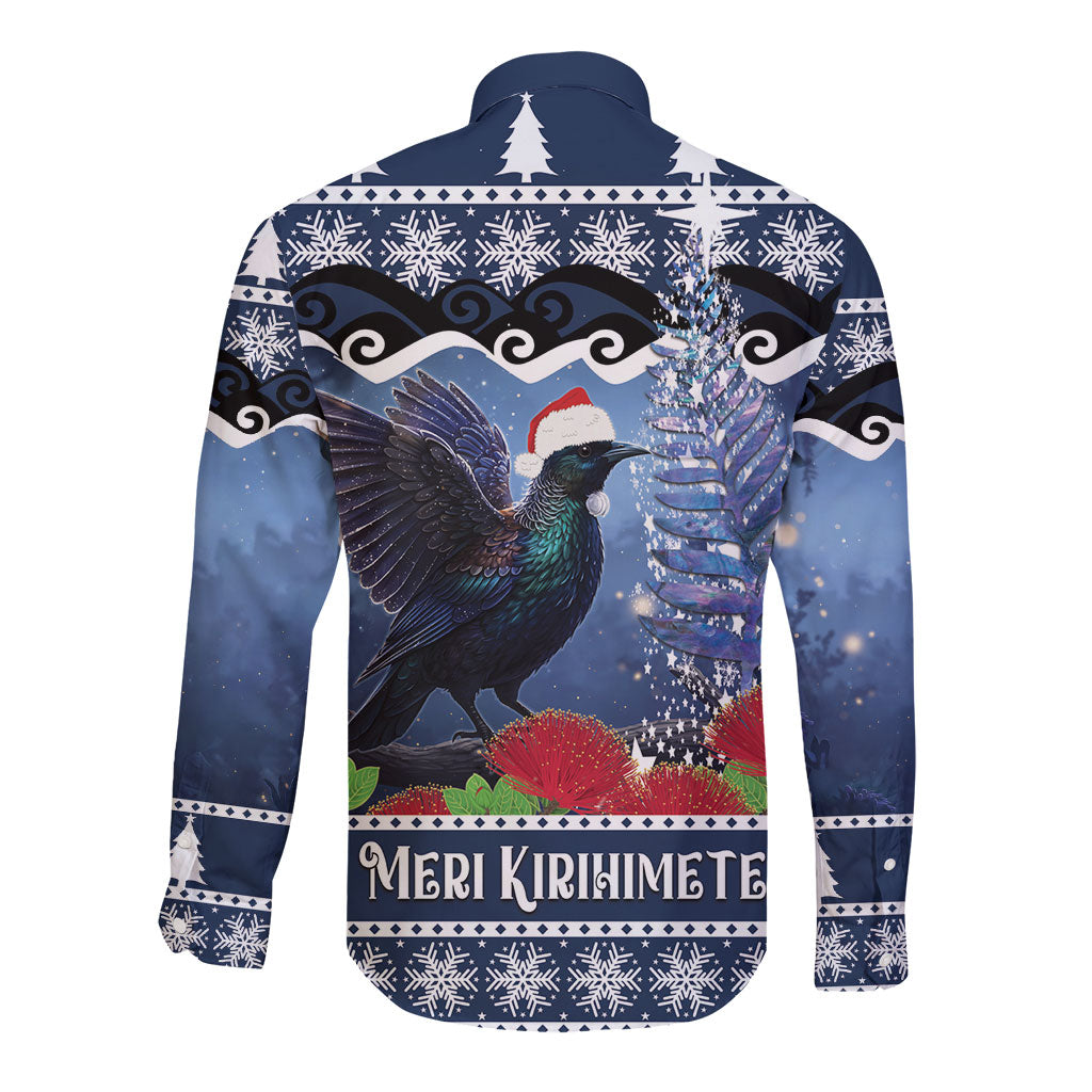 New Zealand Tui Bird Christmas Long Sleeve Button Shirt Pohutukawa Xmas Tree Meri Kirihimete
