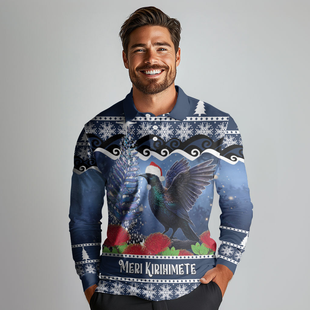New Zealand Tui Bird Christmas Long Sleeve Polo Shirt Pohutukawa Xmas Tree Meri Kirihimete LT22 - Polynesian Pride